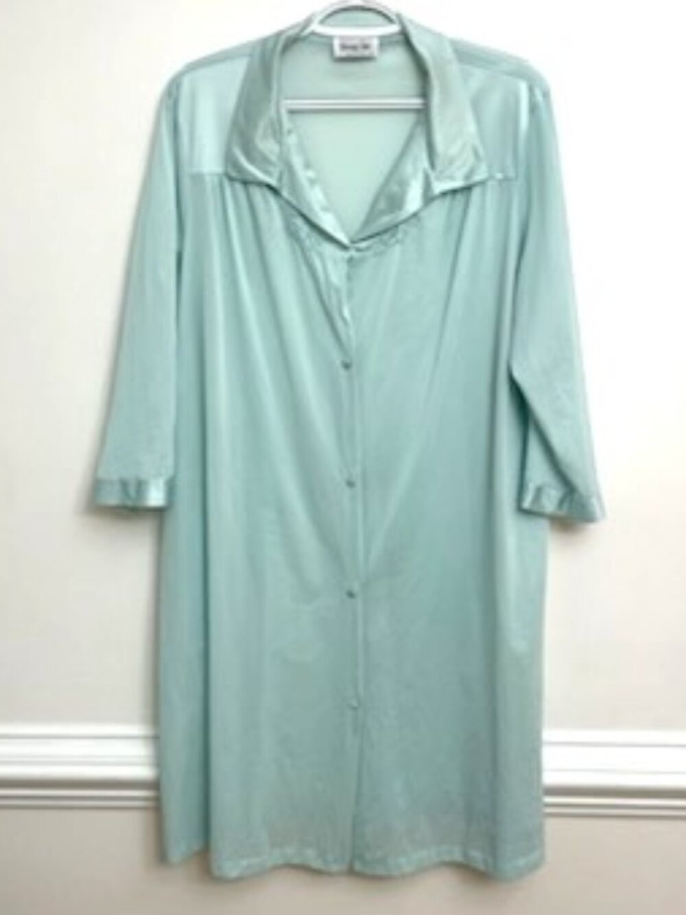 Vintage Vanity Fair House Coat Robe Sz L Teal Blue Covered Buttons Floral Detail